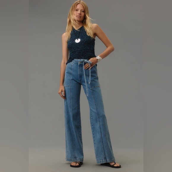 Hudson Jeans Pants - Hudson Tie-Waist High-Rise Wide-Leg Trouser Jeans. Size 4/27. color: blue